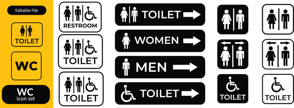 Toilet icon set. WC sign. Washroom, male, female, unisex accessible, baby changing table room, shower, handicap, No smoking symbol. Public bathroom pictogram. Transparent png and vector illustration