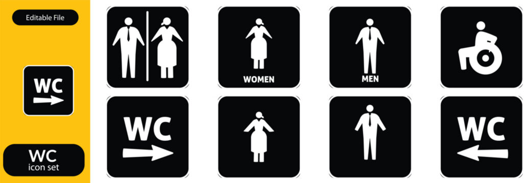 Toilet icon set. WC sign. Washroom, male, female, unisex accessible, baby changing table room, shower, handicap, No smoking symbol. Public bathroom pictogram. Transparent png and vector illustration