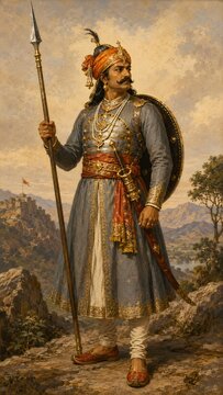 Maharana Pratap Standing with Spear in Traditional Rajput Armor Showing Indian Warrior Bravery Royal Heritage and Rajasthan Legacy