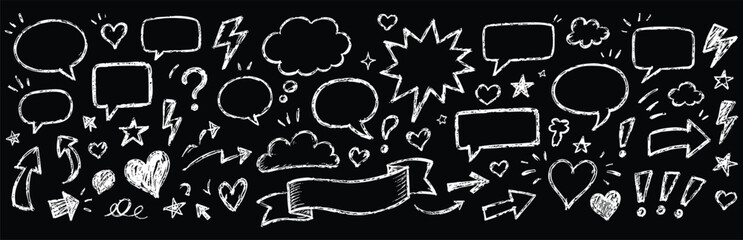 Set of hand drawn speech bubbles, arrows, hearts, stars and other doodle elements on a black background © Zbrake Studio