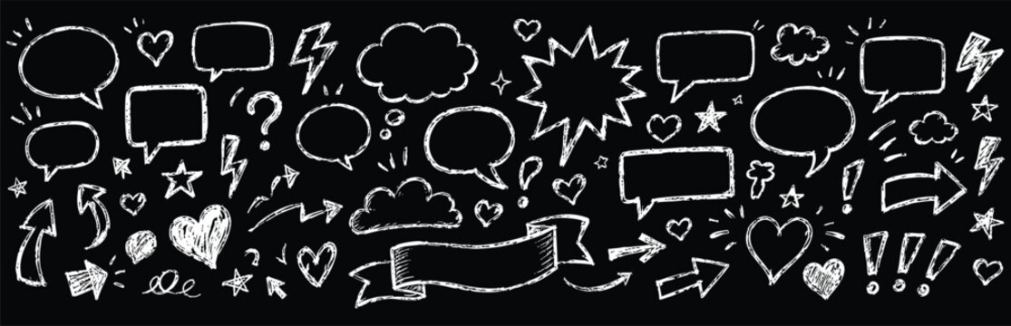 Set of hand drawn speech bubbles, arrows, hearts, stars and other doodle elements on a black background