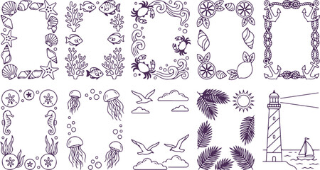 Nautical decorative borders and elements like seashells starfish coral crabs jellyfish and lighthouses. © Sadhin