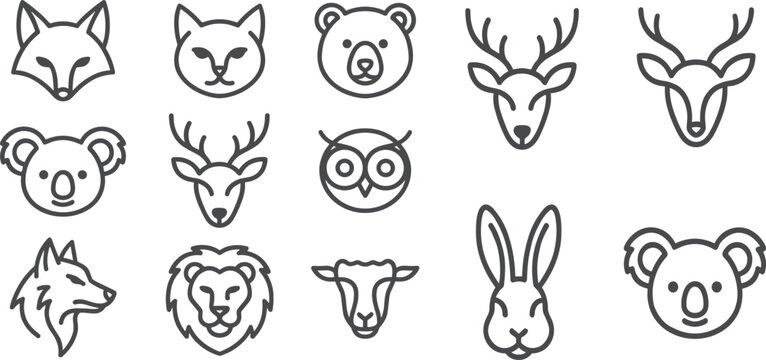 Minimal Woodland Animal Face Vector Icon Collection Featuring Fox, Bear, Deer, Owl, Rabbit, Lion, Koala, and Wild Nature Symbols