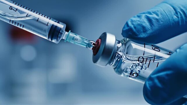 Scientist in glove drawing medicine into syringe from glass vial. Medical professional preparing vaccine dose. Clinical procedure for immunization and healthcare.