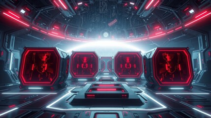 Fototapeta premium Futuristic corridor. Red lights illuminate sleek metallic walls. Symmetry dominates design, creating intense atmosphere. Central focus draws eye forward.