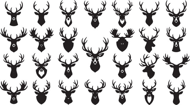 A captivating concept of diverse deer and elk head silhouettes, showcasing various antler formations and majestic wildlife profiles for nature-inspired design elements and hunting themes