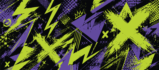 Abstract graffiti street art background with vibrant lime green and purple paint splashes, lightning bolts, and grunge textures on black © Zbrake Studio