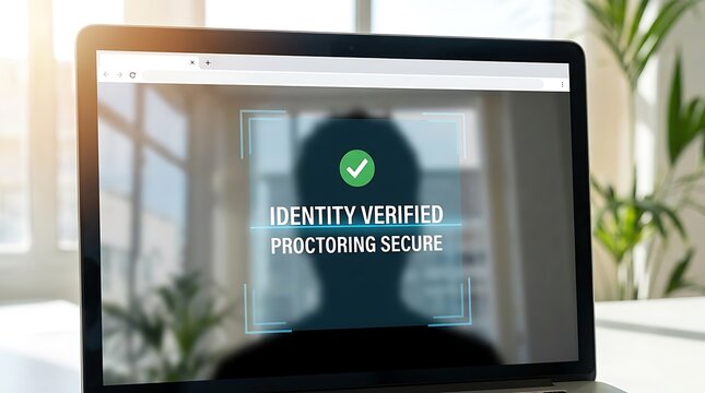 A person sits at a desk with a laptop displaying a secure online identity verification screen in a bright office.