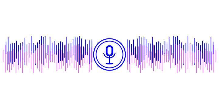 Blue and pink overlapping sound waves. Two sinusoid lines with different frequency and amplitude. Voice or music audio samples. Vector and microphone icon.