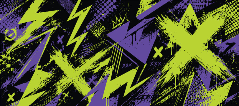 Abstract graffiti street art background with vibrant lime green and purple paint splashes, lightning bolts, and grunge textures on black