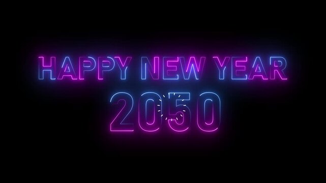 Futuristic new year 2050 celebration with glowing holographic text and sparkling particles in