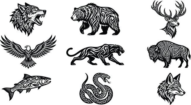 Tribal Wildlife Animal Vector Tattoo Collection Featuring Wolf, Bear, Eagle, Panther, Buffalo, Snake, Deer, and Ornamental Nature Illustrations