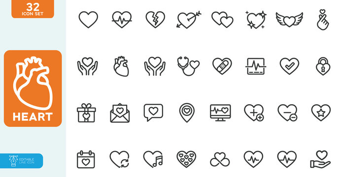 Heart Vector illustration line editable icon set. Containing love, life, heartbeat, caring, passion, healthcare, like, charity and more. on white background.