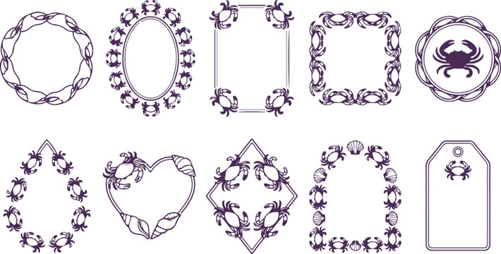 Collection of ornate purple decorative frames and tags with crab and shell motifs.