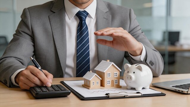 Financial advisor protecting house models and piggy bank with hand, symbolizing asset management, insurance coverage, and real estate investment planning in a professional office