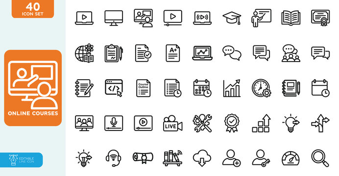 Online courses Vector illustration line editable icon set. Contain icons related to Elearning, Online learning, study, and more. on white background.