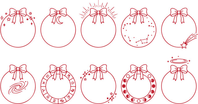 Set of red circular frames with celestial themes, bows, and zodiac signs.