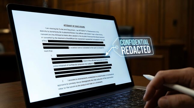 A person uses a stylus on a laptop to edit a confidential redacted document indoors.