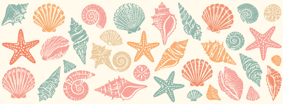 A collection of hand-drawn seashells and starfish in pastel colors, arranged in a seamless pattern design.