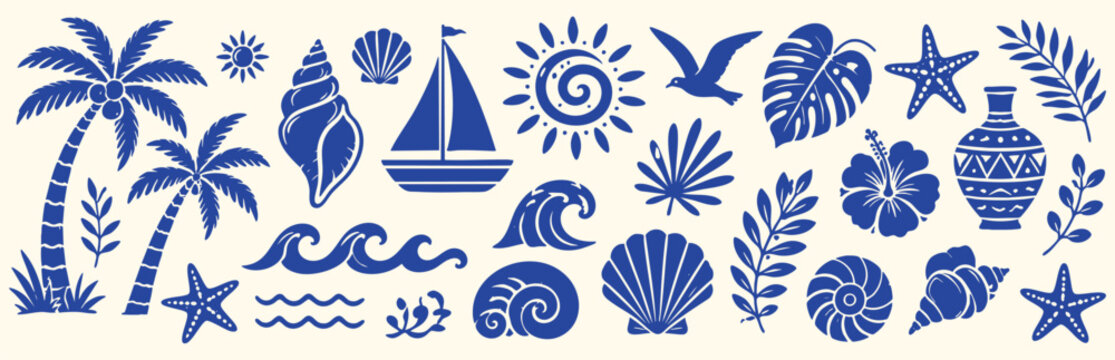 A collection of hand-drawn vector illustrations featuring tropical beach themes, including palm trees, seashells, waves, a sailboat, and flowers.