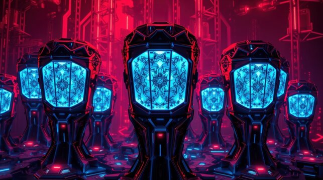 Futuristic chambers glow brightly. Complex designs illuminate dark space. Red lighting creates dramatic effect. Mysterious technology dominates scene.