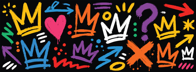 Graffiti street art elements set with crowns, hearts, arrows, and abstract shapes on black background © Zbrake Studio