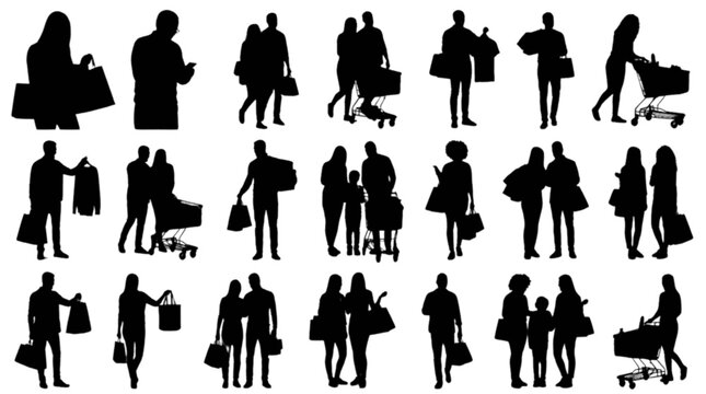 Silhouettes of people walking together in a line isolated on transparent background, Vector