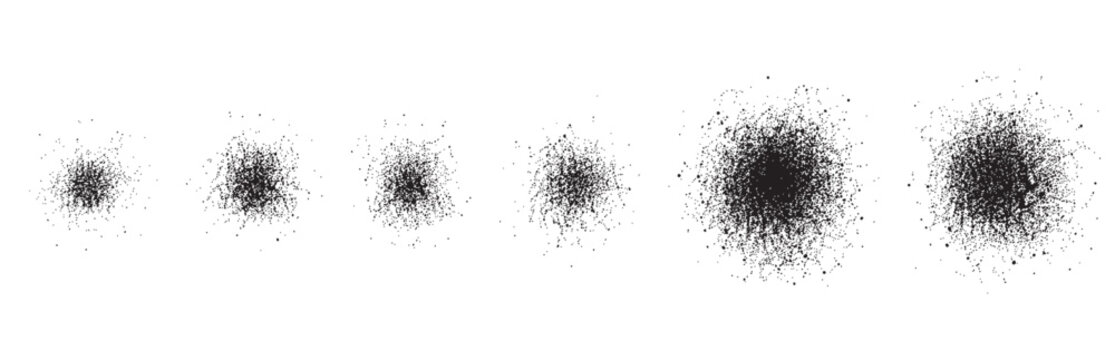 Set of six black spray paint splatter textures isolated on white background
