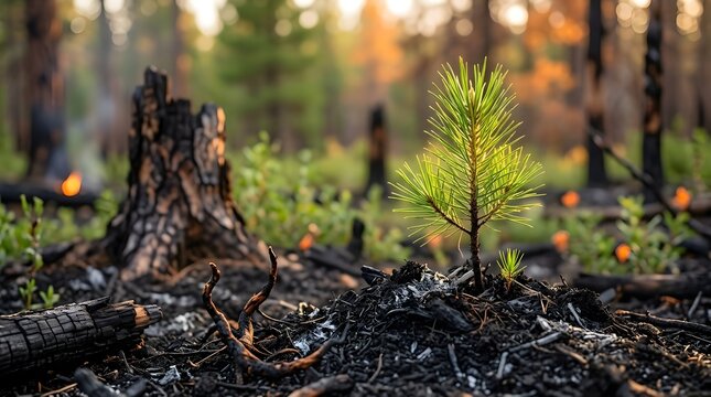 Young pine tree growing amidst charred forest floor with burnt tree stump and greenery after wildfire