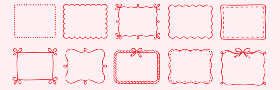 Set of handdrawn red rectangular frames, doodle style borders for invitations, cards, and scrapbooking