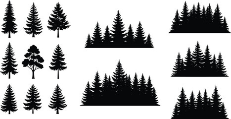 Obraz premium Pine Tree and Forest Silhouette Pack with Individual Trees and Landscape Compositions