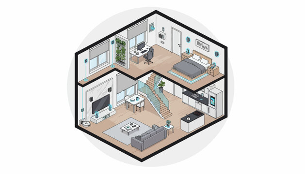 Modern home interior, 2-story house layout, floor plan vector, isometric design