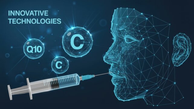 Futuristic 3d human head receiving quantum computing vaccine injection