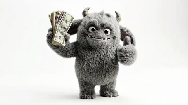 [A Furry Grey Monster Character Holding Stacks of US Dollars]