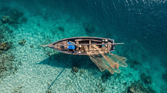 Aerial Top Down View Traditional Wooden Fishing Boat Crystal Clear Turquoise Water Nets Draped