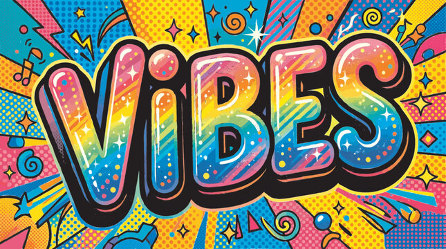 Colorful pop art illustration of the word VIBES in a bubbly rainbow gradient font with a vibrant background of stars, swirls, and lightning bolts.