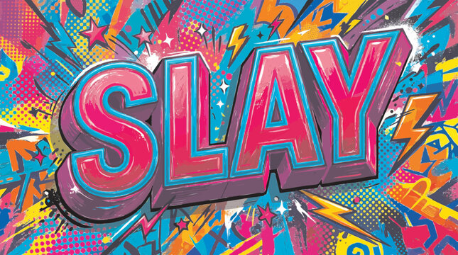 Vibrant graffiti-style artwork featuring the word 'SLAY' in bold pink and blue letters with a dynamic, colorful background of abstract shapes, stars, and lightning bolts.