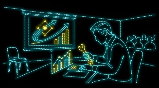 Technical analyst fixing business growth strategy neon illustration