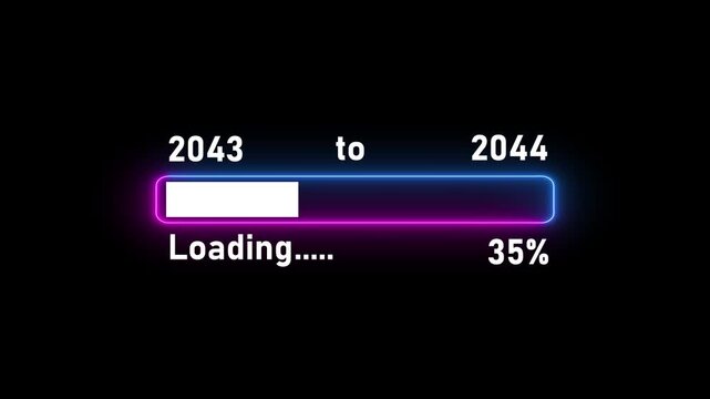 Futuristic digital loading bar progress animation with glowing purple gradient from 2043 to 2044