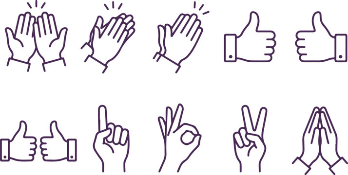 Clapping hands and thumbs up symbols vector set for applause and approval icons.