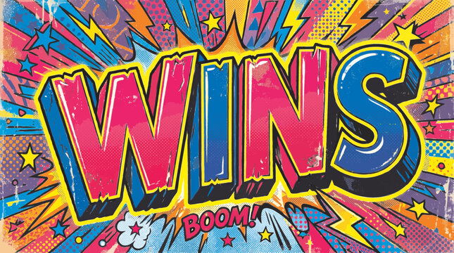 Vibrant comic book style illustration featuring the word WINS with BOOM! in a dynamic pop art explosion of colors and lightning bolts.
