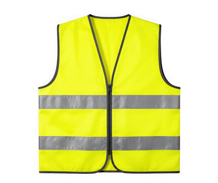 Bright yellow high visibility safety vest with reflective stripes as isolated on transparent background