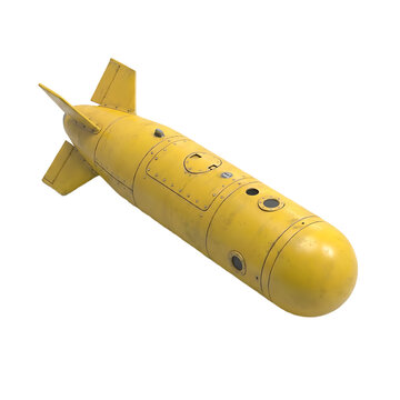 Vintage yellow explosive weapon concept, an old underwater mine device isolated on white
