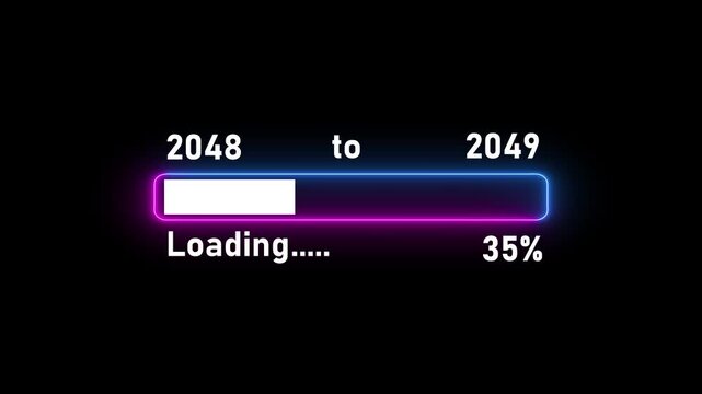 Futuristic digital loading bar progress animation neon cyberpunk style 2048 to 2049 transition