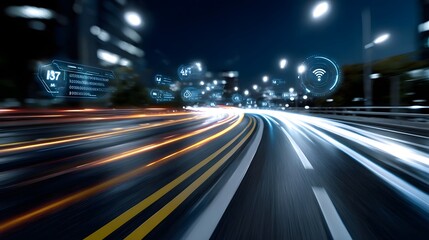 Fototapeta premium Dynamic light streaks create a flowing futuristic representation of digital data movement across an urban landscape at night
