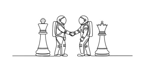Two astronauts shaking hands between chess pieces as a metaphor for space exploration partnership and strategy © Vector Art Gallery 