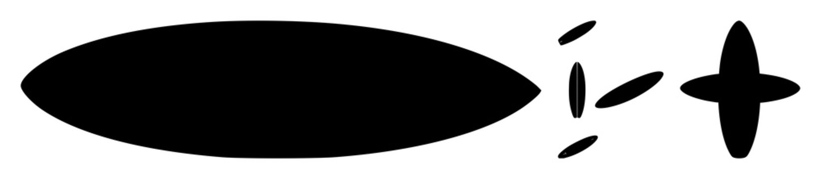 Surfboard icon set with single black silhouette on white background featuring surfboard, icon, wave with sports and beach