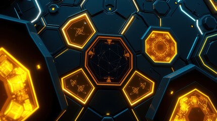 Fototapeta premium Futuristic tunnel design. Hexagonal patterns glow orange, blue dominates background. Complex geometry creates depth, light effects prominent.