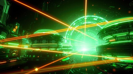 Fototapeta premium Futuristic interior, glowing neon lights, complex structures. Red beams intersect green illumination creating dynamic visual effect. Dark background emphasizes bright elements.