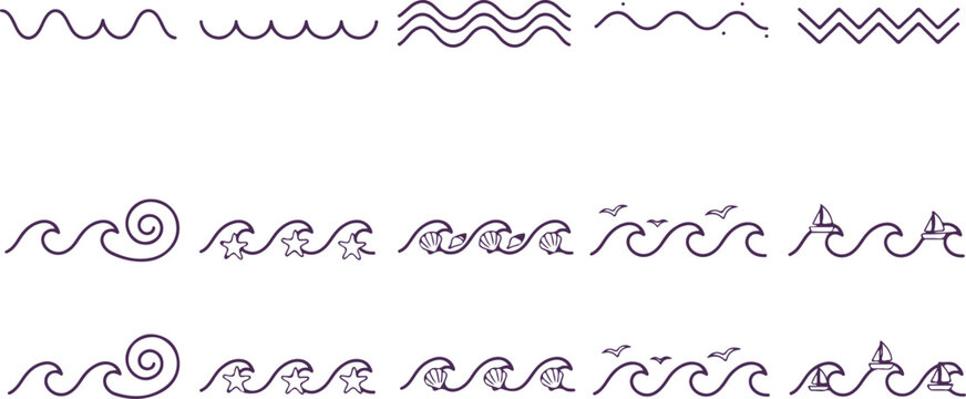 Decorative wave and sea elements for borders and frames, purple line art.